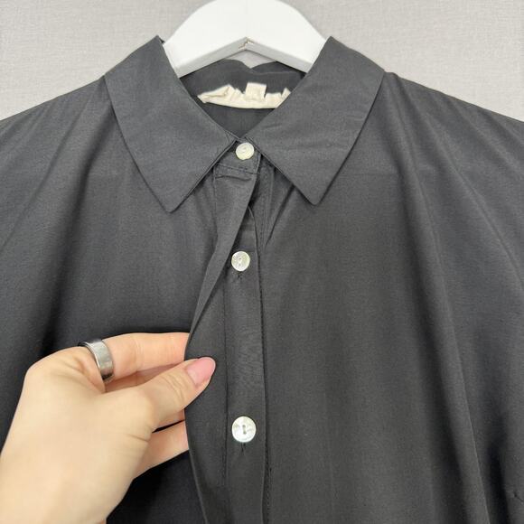 Wishing Waves Belted Shirt Dress Womens Large Black Poplin Mini Ruffle Hem - Picture 5 of 15
